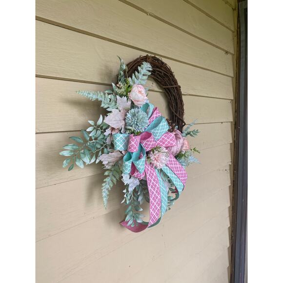 Pink & Mint Green Fall Grapevine Wreath Velvet Pumpkin, Roses, Bow Elegant Decor - Picture 7 of 9